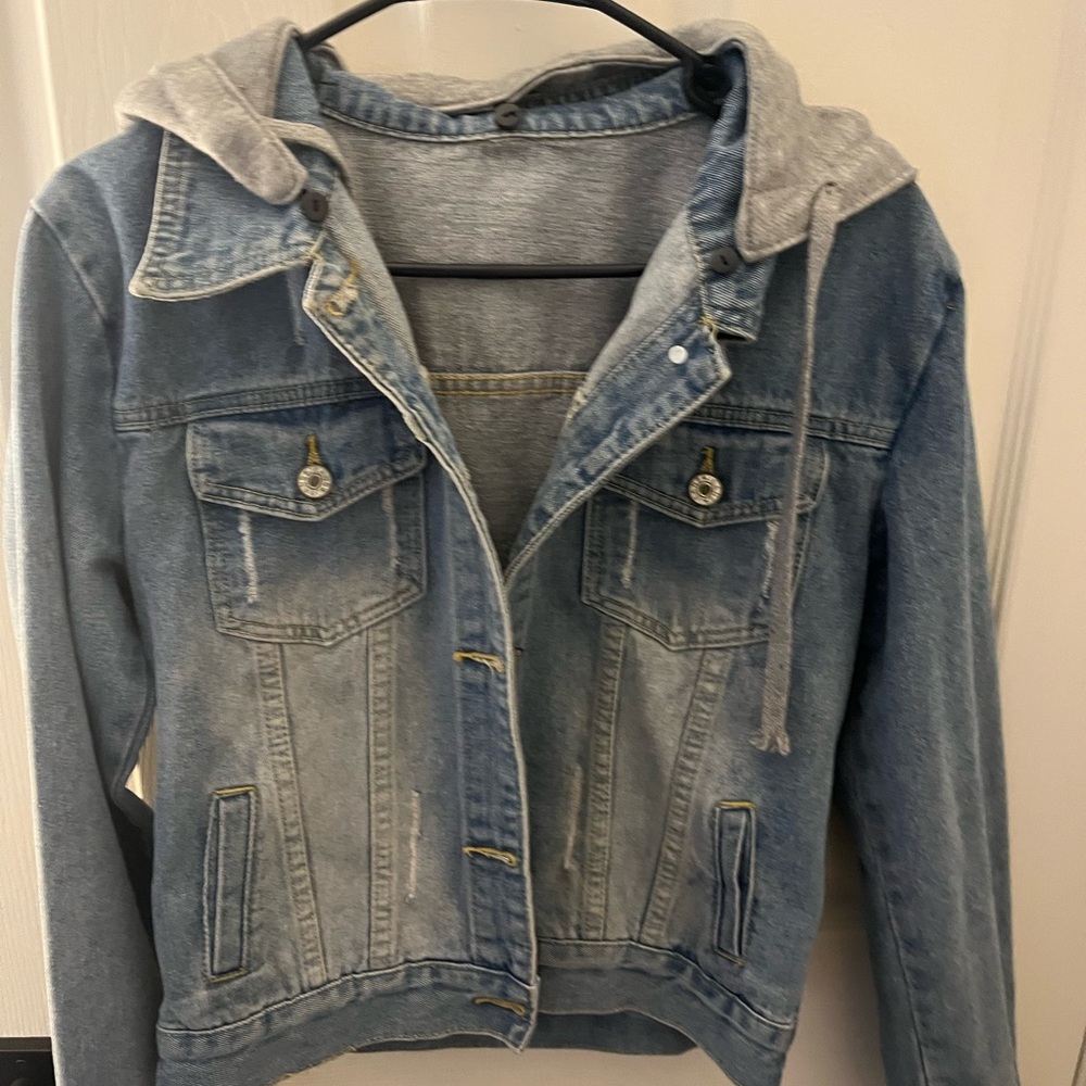 American Eagle Outfitters Blue Denim Jacket with Gray Hood